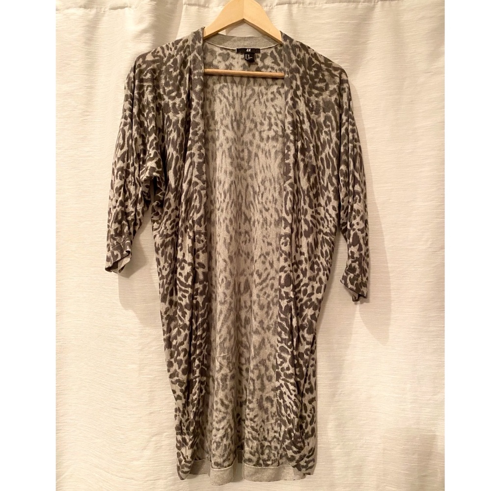 Long, lightweight, gray H&M animal print cardigan.